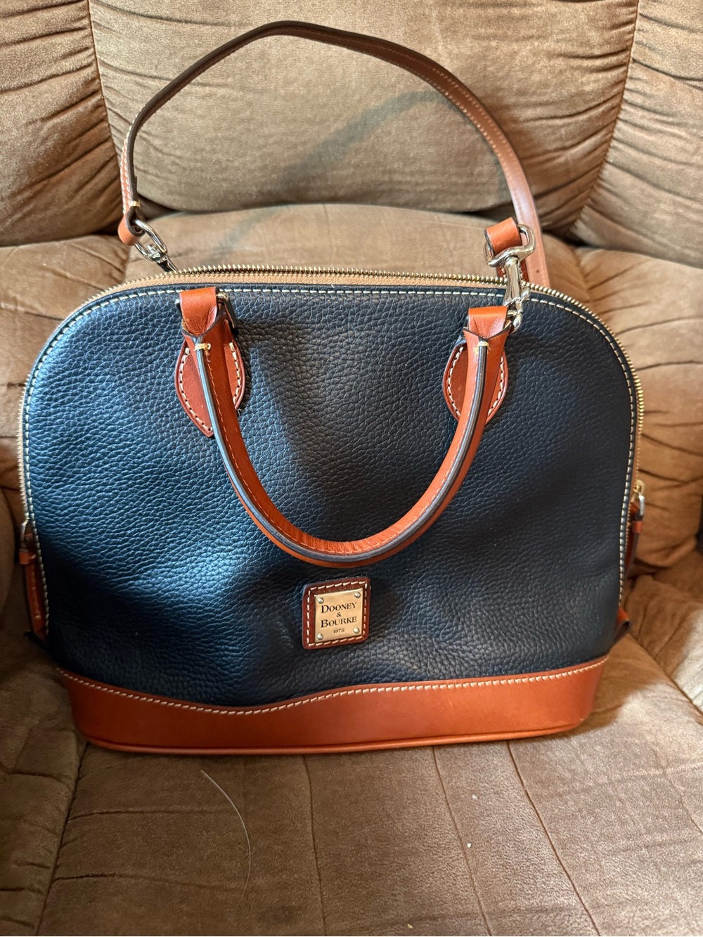 Dooney & Bourke Black and Brown Pebbled Leather Dome Satchel